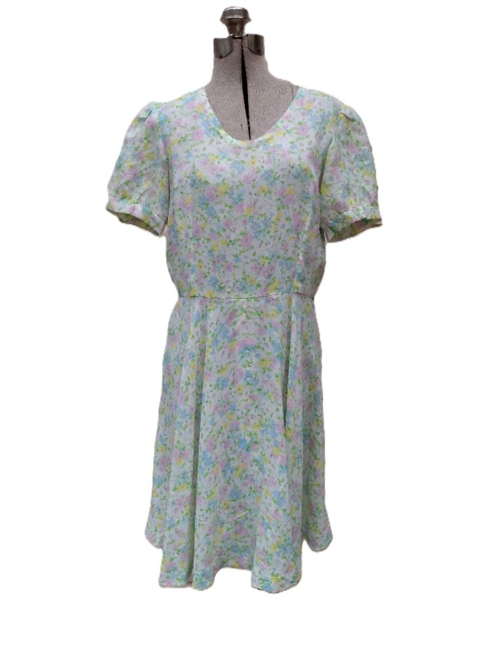 Vintage White Pastel Floral Dress 36" Bust Puffed Short Sleeves Handmade Small